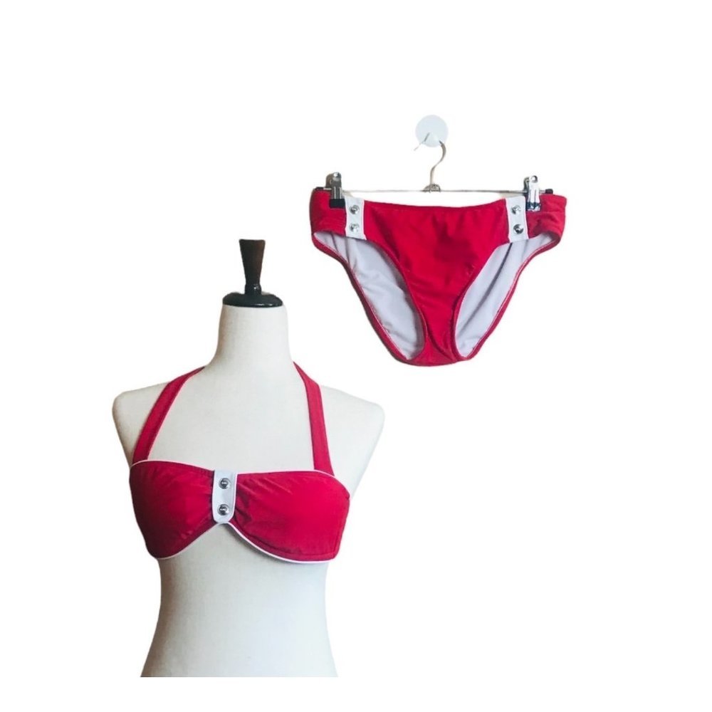 VM Bikini Women Medium Top Large Bottoms Red Silver Button Detail
